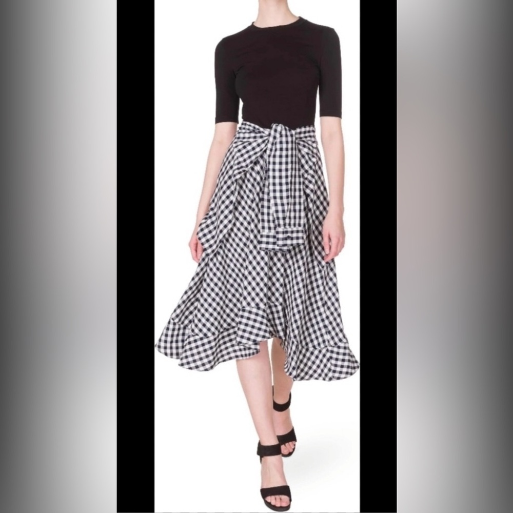 Maje Asymmetrical Black and White Gingham tie Dress mixed media